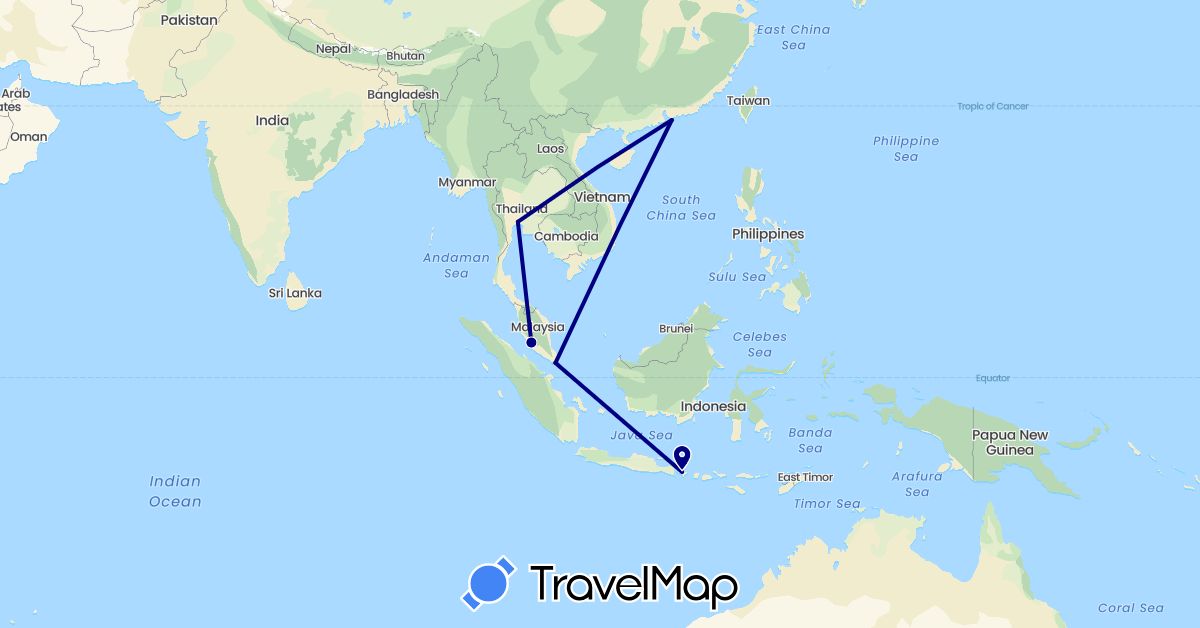 TravelMap itinerary: driving in China, Indonesia, Malaysia, Singapore, Thailand (Asia)